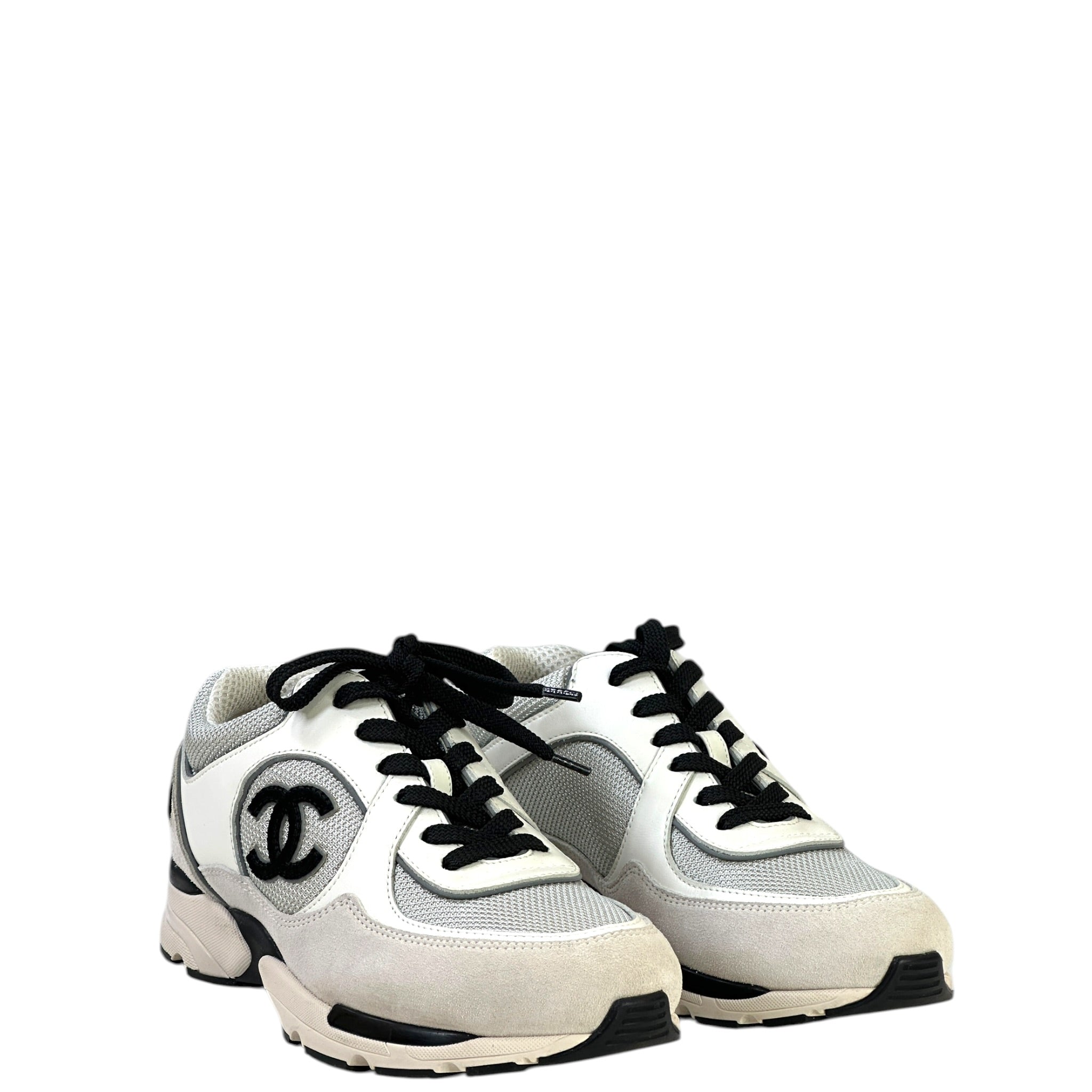 Chanel Low Top Trainer Sneakers White Black Size 37.5
