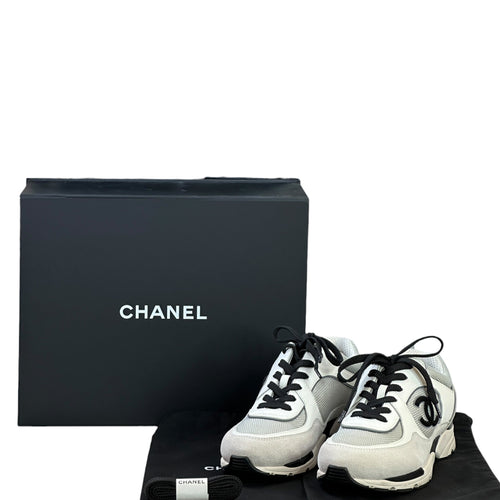 Chanel Low Top Trainer Sneakers White Black Size 37.5
