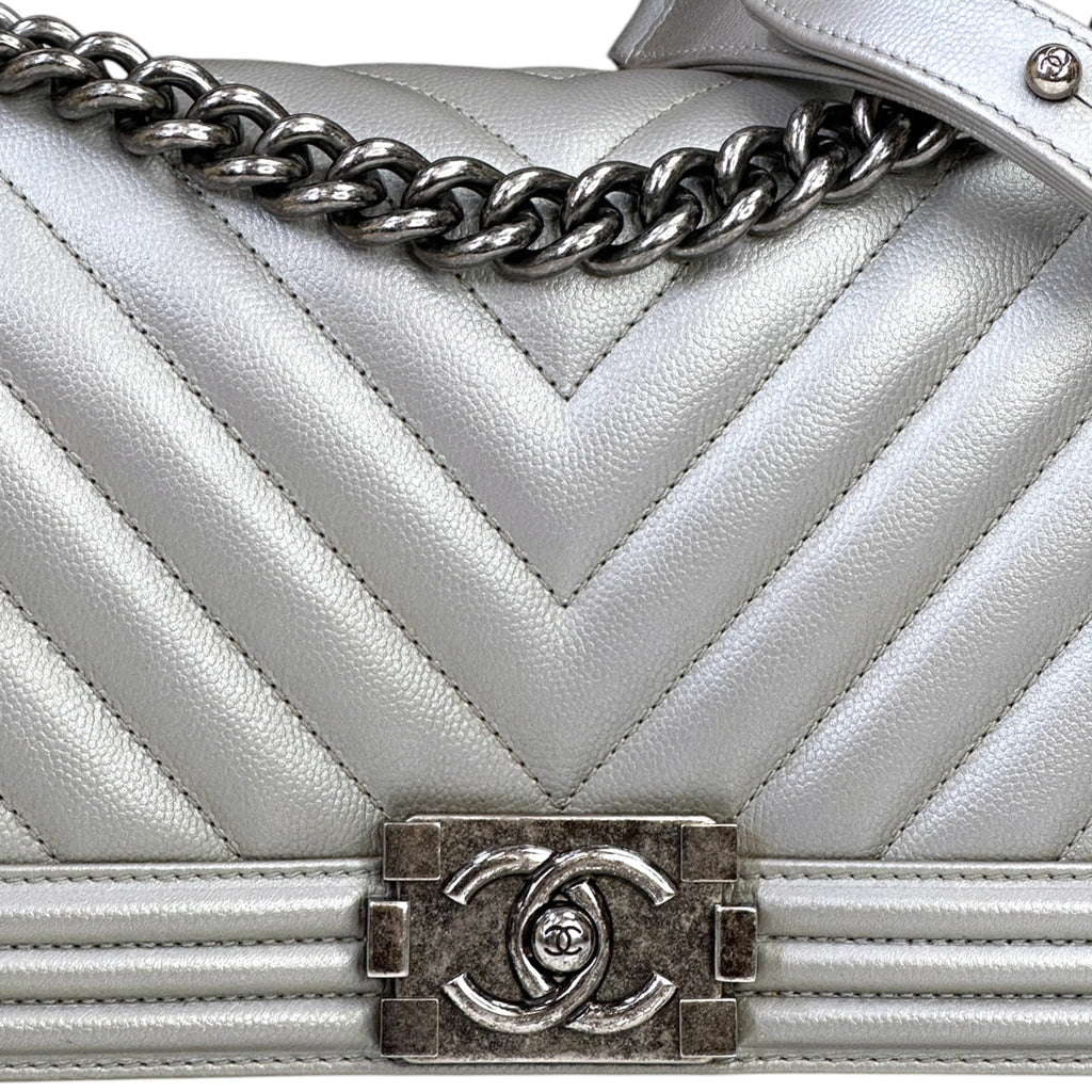 Chanel Boy Bag Medium Metallic Grey Chevron Caviar