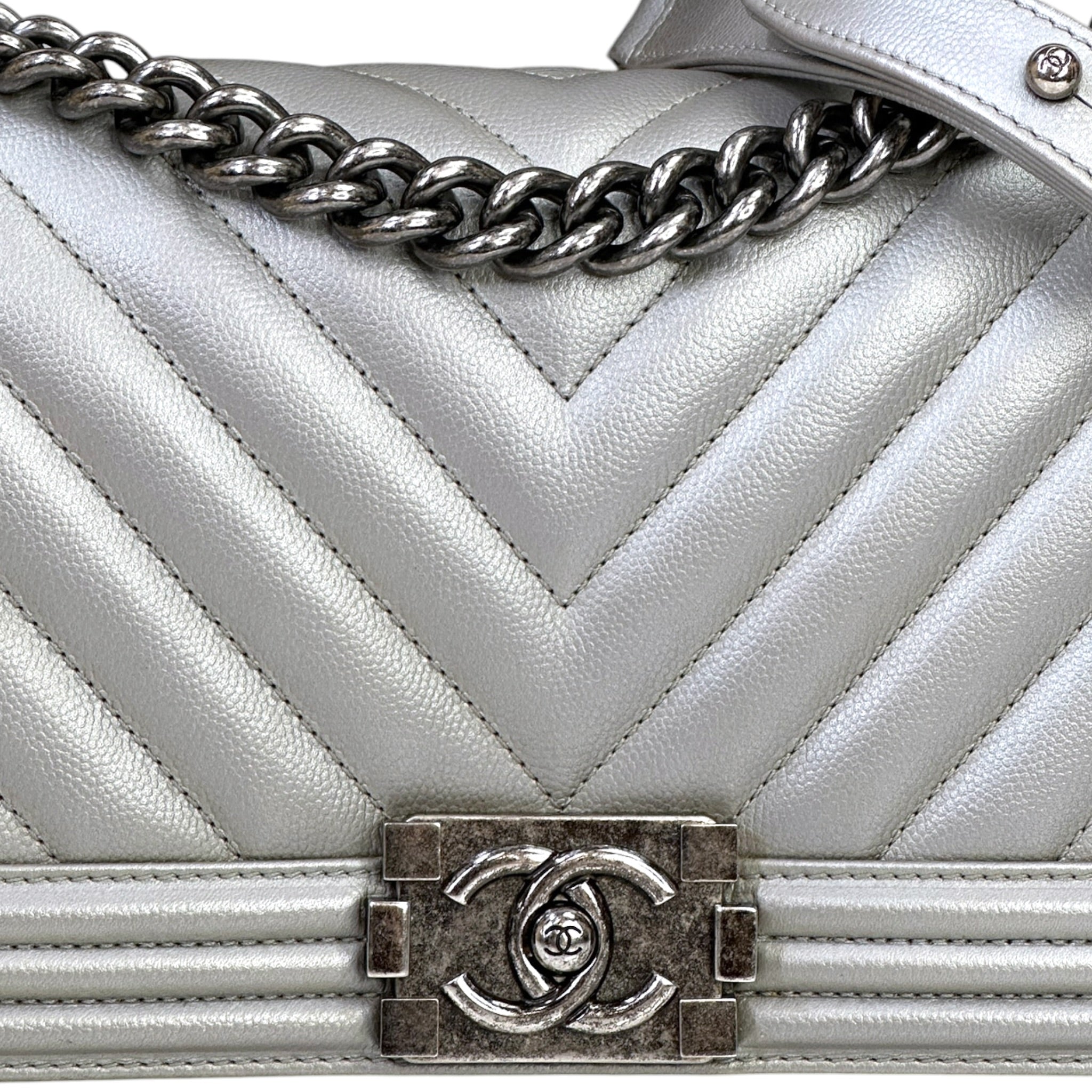 Chanel Boy Bag Medium Metallic Grey Chevron Caviar
