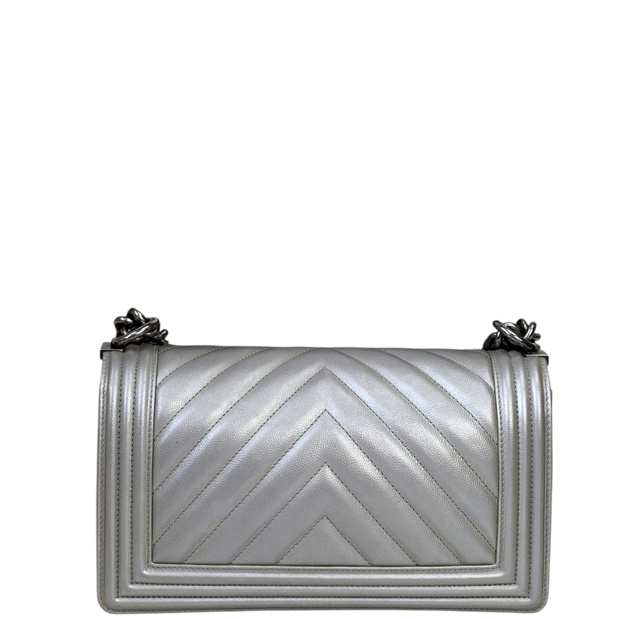 Chanel Boy Bag Medium Metallic Grey Chevron Caviar
