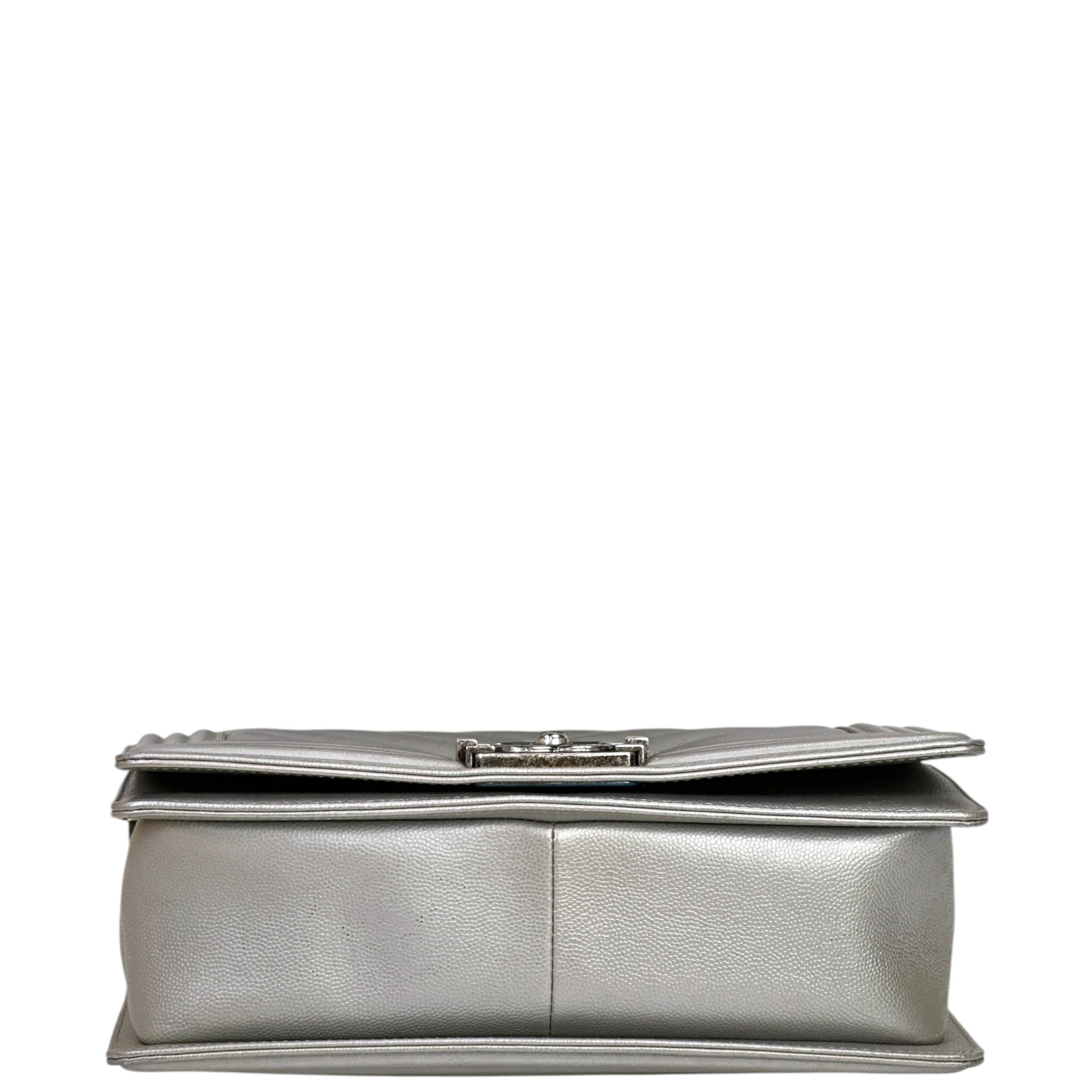 Chanel Boy Bag Medium Metallic Grey Chevron Caviar
