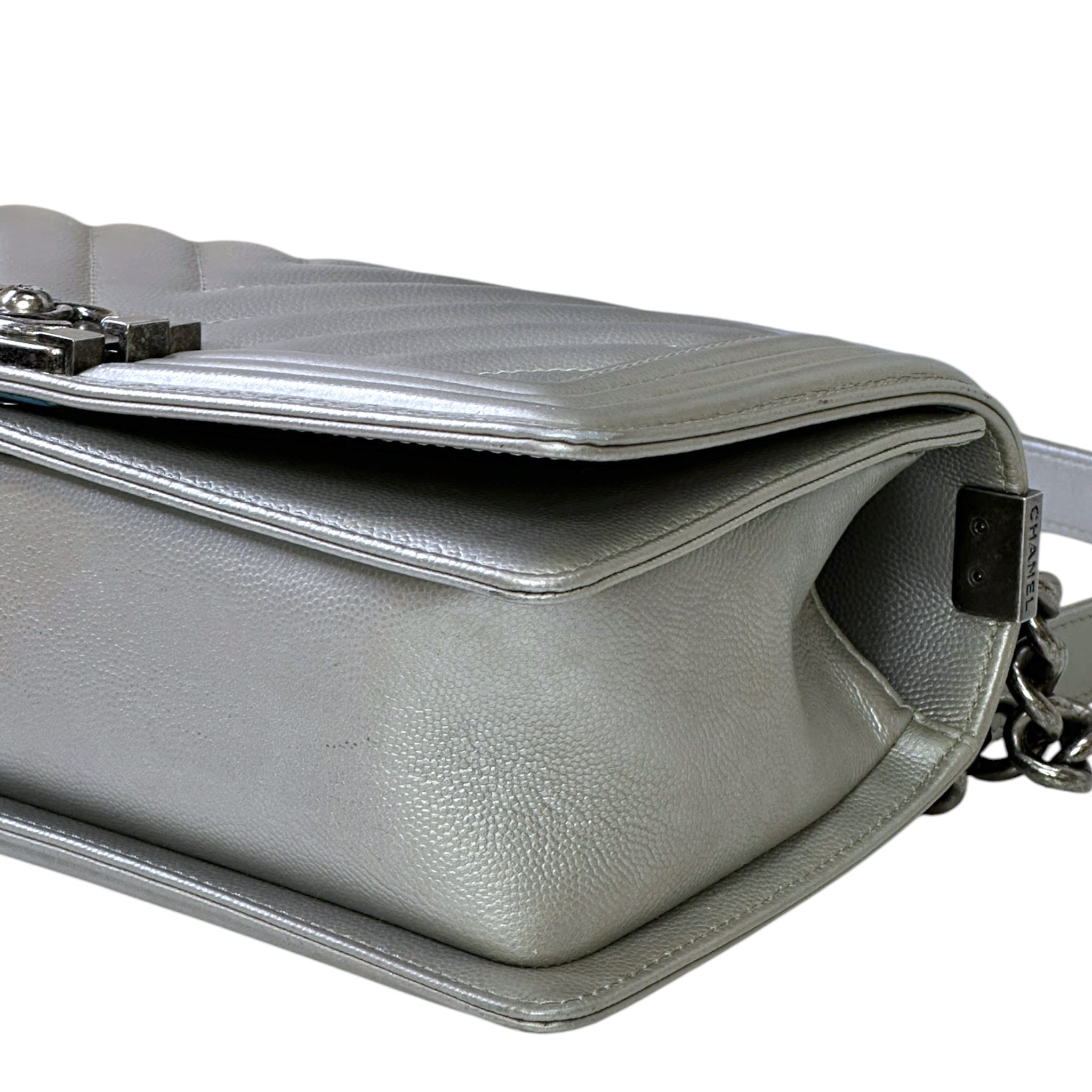 Chanel Boy Bag Medium Metallic Grey Chevron Caviar