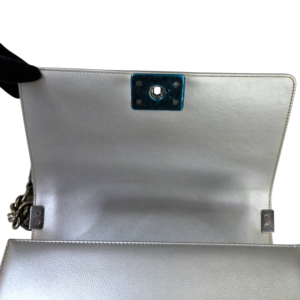 Chanel Boy Bag Medium Metallic Grey Chevron Caviar