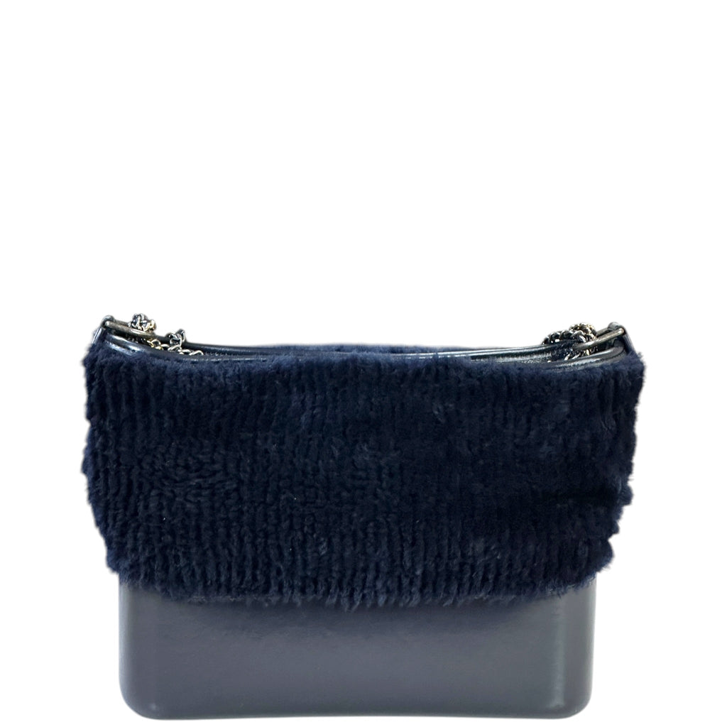 Chanel Gabrielle Shearling Hobo Bag Navy Blue Fur Leather