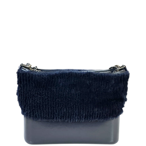 Chanel Gabrielle Shearling Hobo Bag Navy Blue Fur Leather