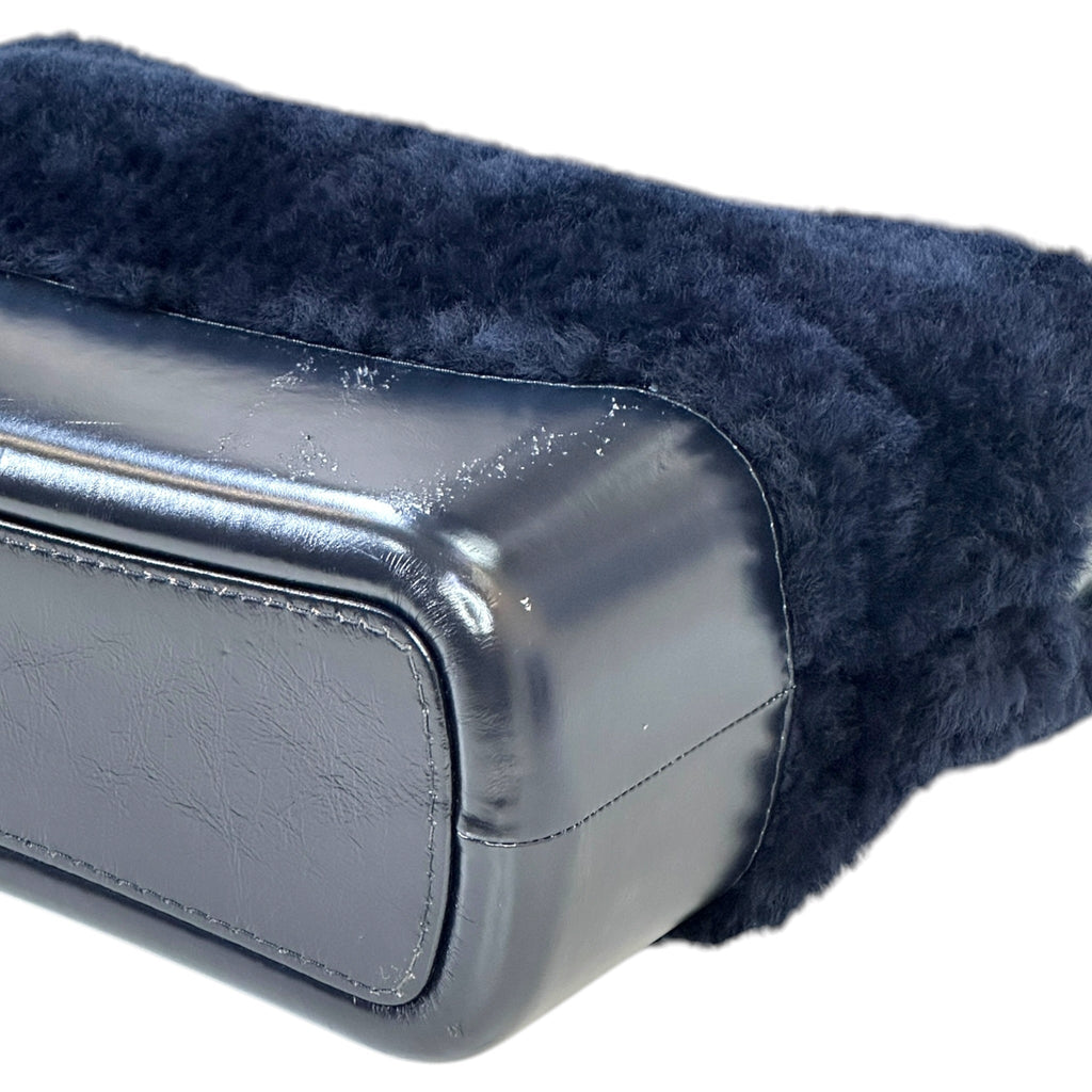 Chanel Gabrielle Shearling Hobo Bag Navy Blue Fur Leather
