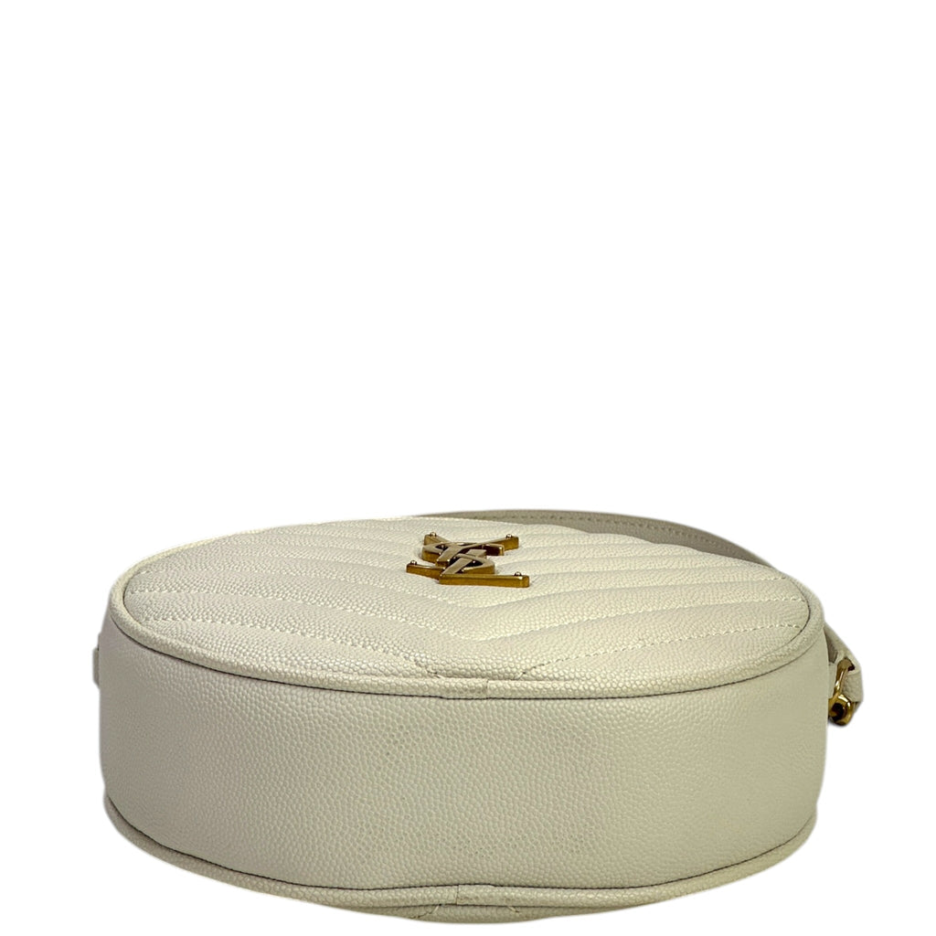 Saint Laurent Vinyle Round Camera Bag white chevron-quilted grain de poudre