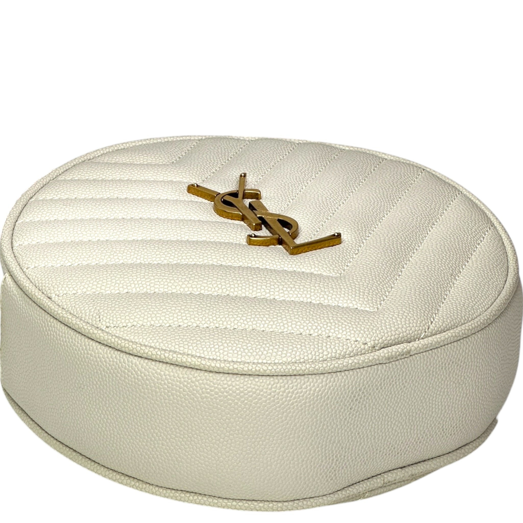 Saint Laurent Vinyle Round Camera Bag white chevron-quilted grain de poudre
