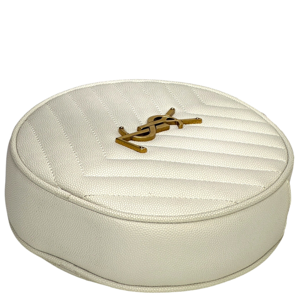 Saint Laurent Vinyle Round Camera Bag white chevron-quilted grain de poudre