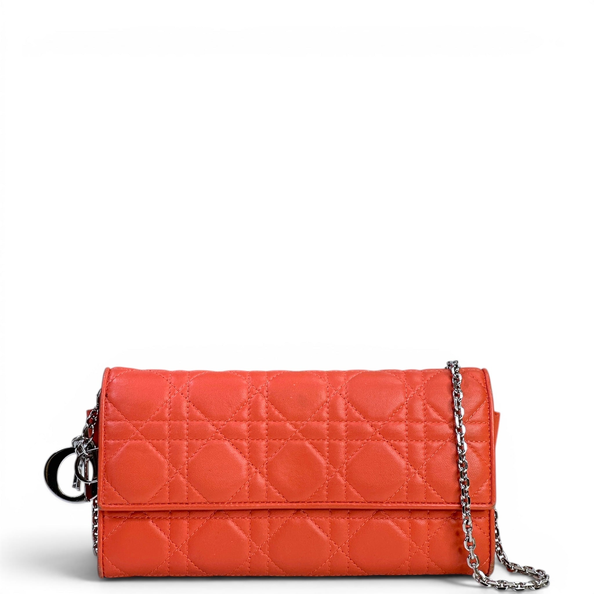 Christian Dior Rendezvous Wallet On Chain Orange Cannage Leather
