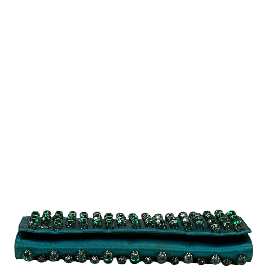 Gucci Broadway Clutch Green Crystal Embellished Teal Satin