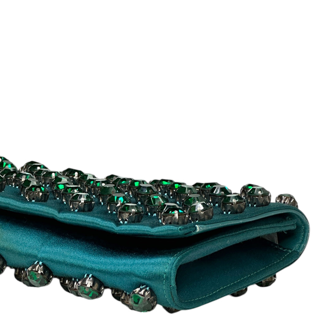 Gucci Broadway Clutch Green Crystal Embellished Teal Satin