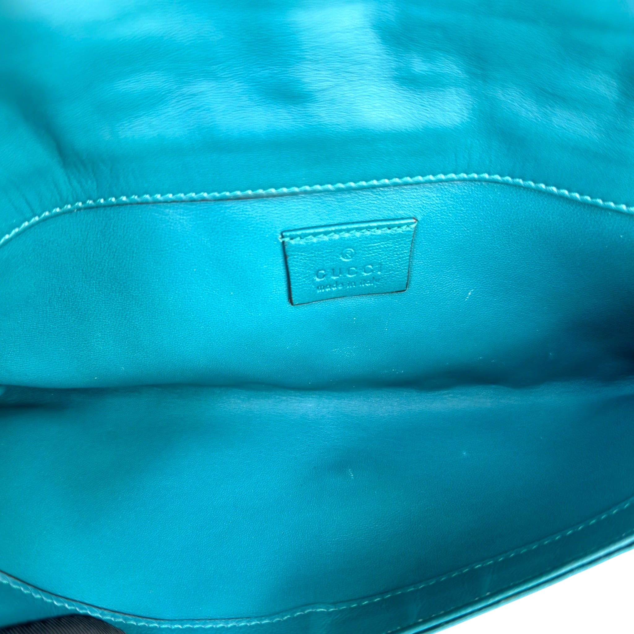 Gucci Broadway Clutch Green Crystal Embellished Teal Satin