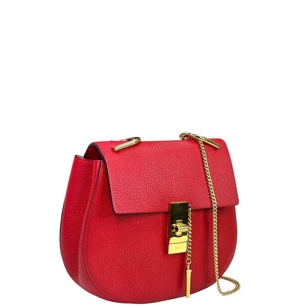 Chloé Drew Chain Shoulder Bag Red Pebbled Leather