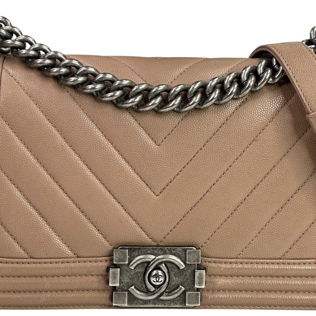 Chanel Boy Bag Medium Light Brown Caviar Chevron Quilted