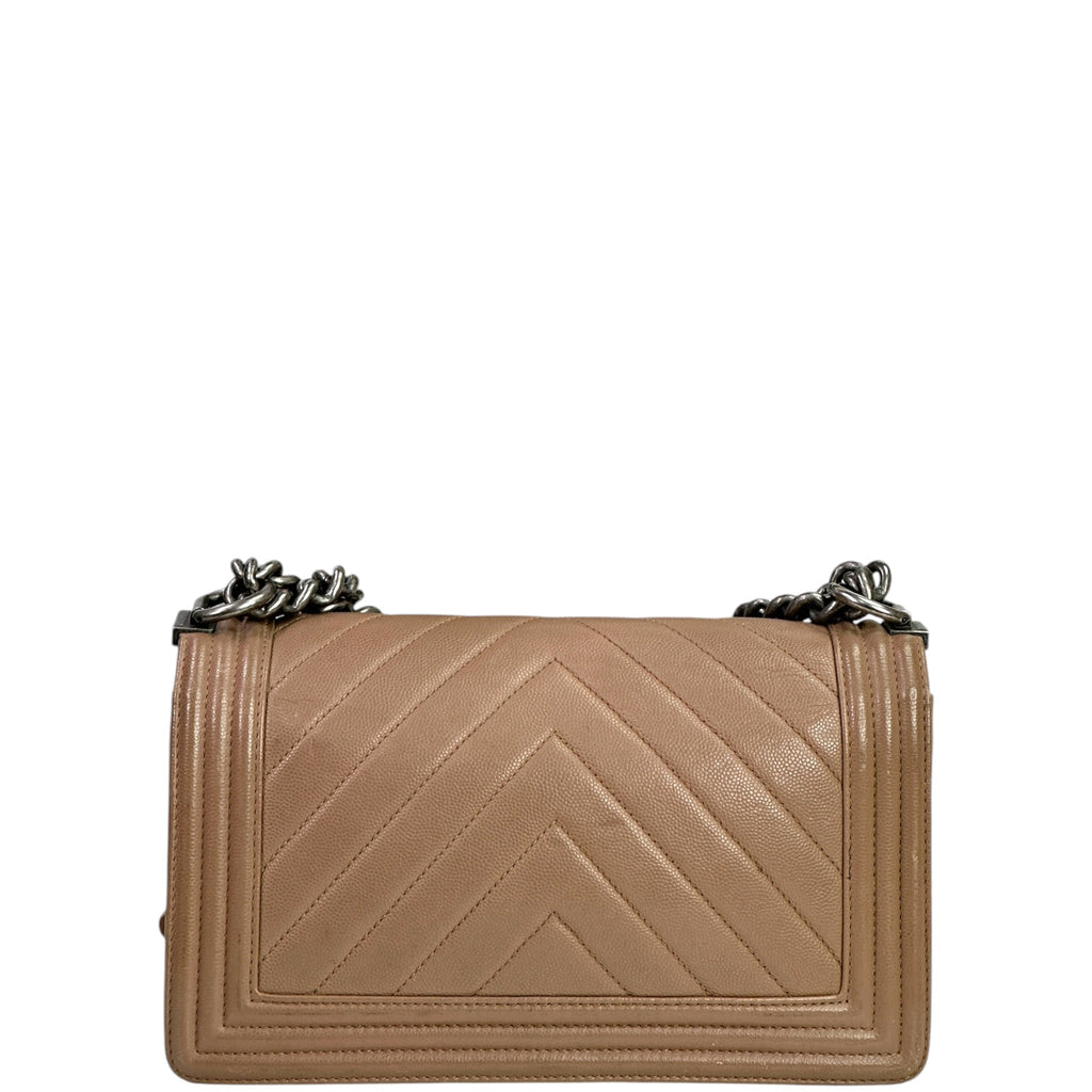 Chanel Boy Bag Medium Light Brown Caviar Chevron Quilted