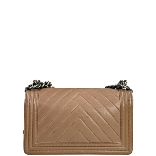 Chanel Boy Bag Medium Light Brown Caviar Chevron Quilted