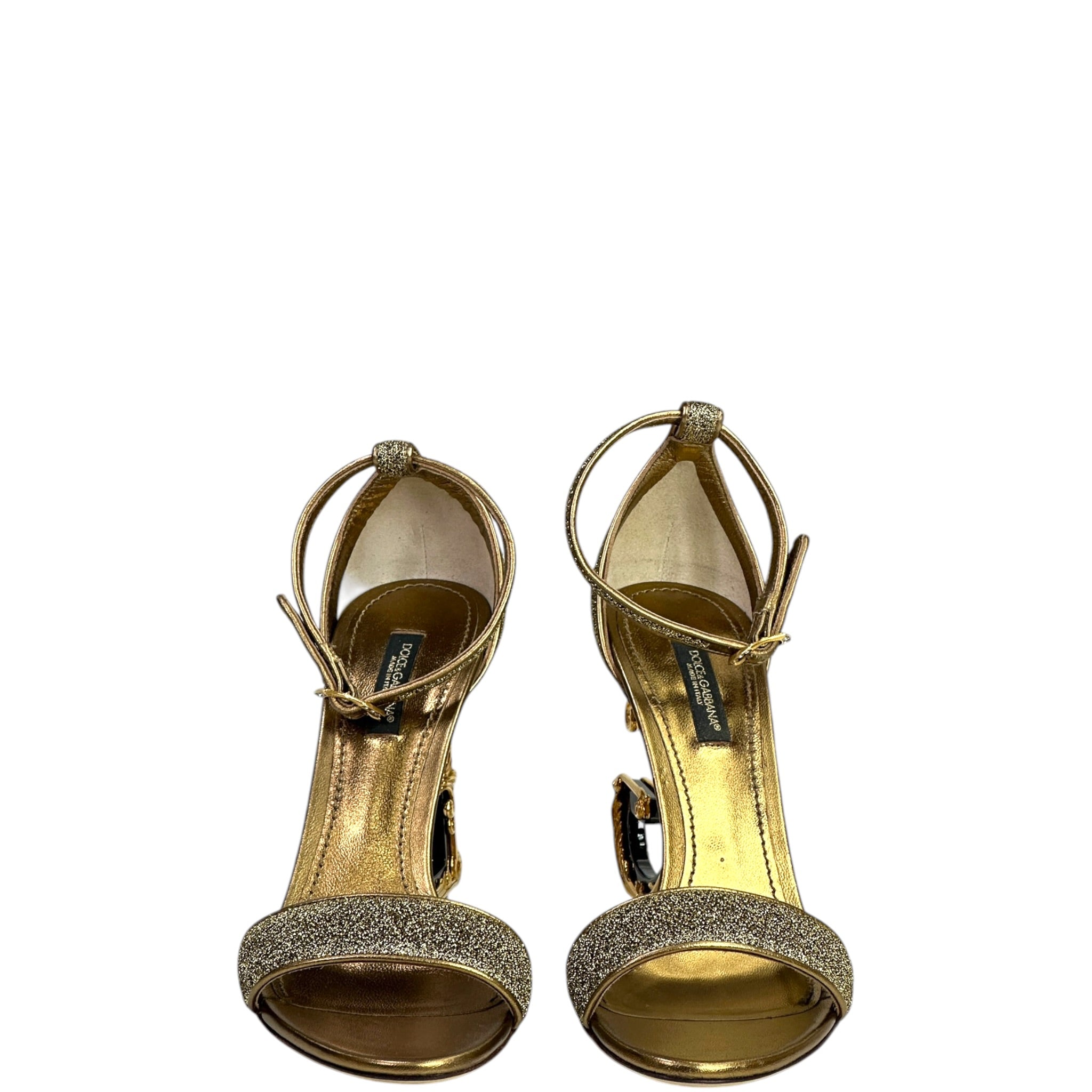 Dolce & Gabbana Barocco Sculpture Heel Sandals Gold Lurex Fabric Size EU 37