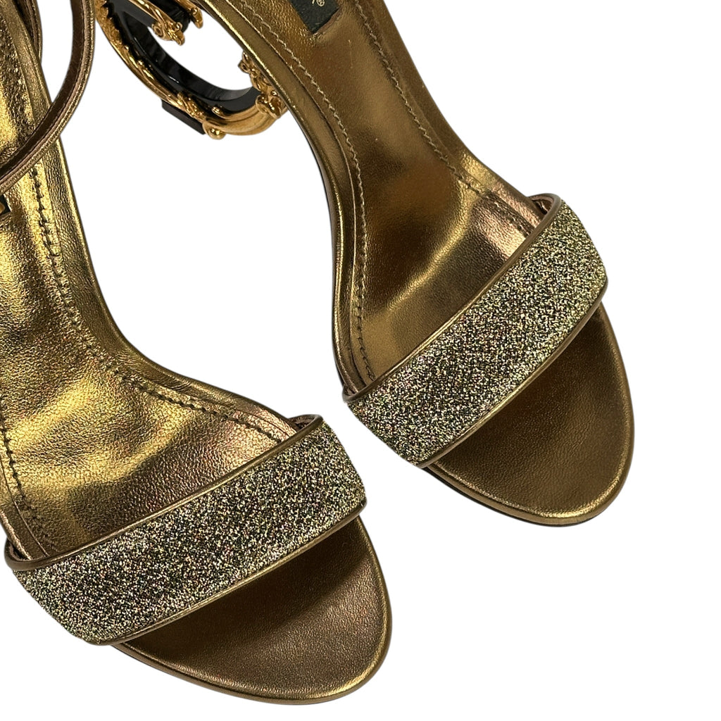 Dolce & Gabbana Barocco Sculpture Heel Sandals Gold Lurex Fabric Size EU 37