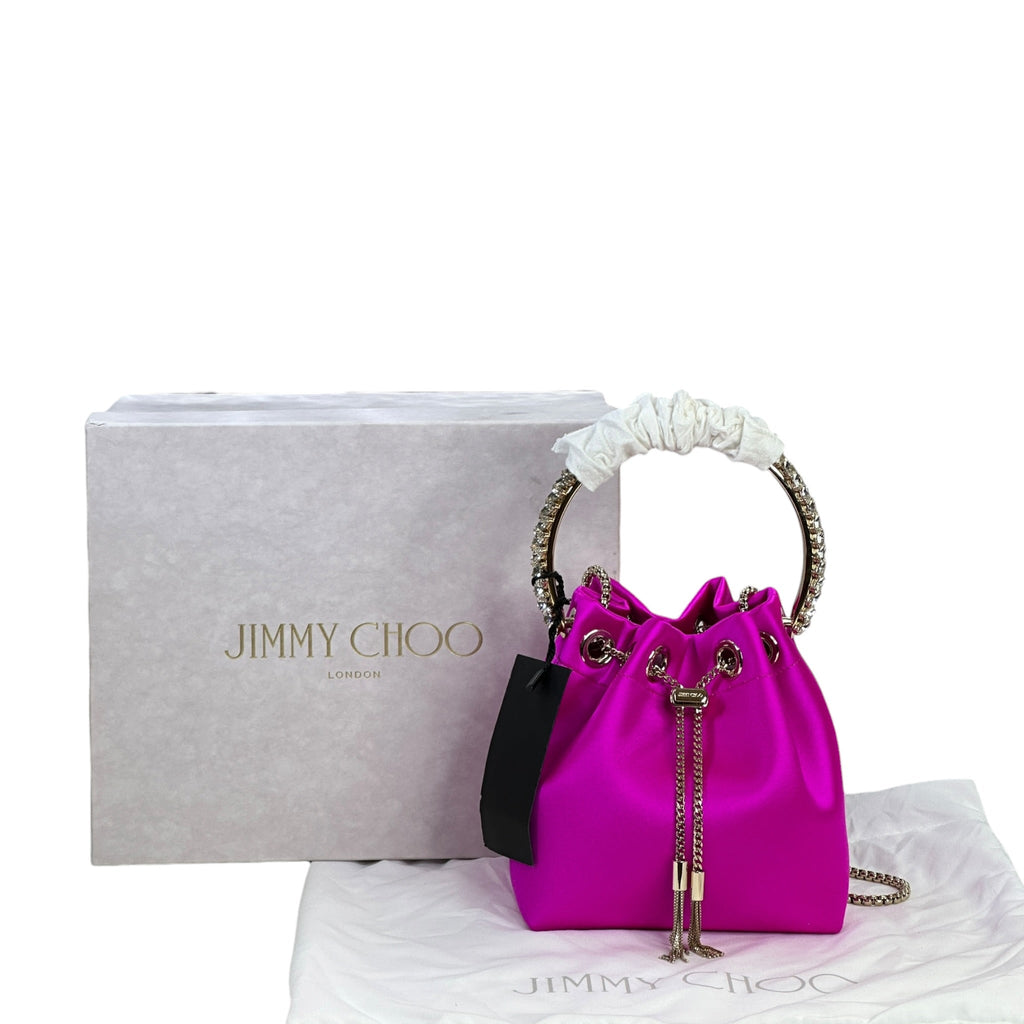 Jimmy Choo Bon Bon Bucket Bag Mini Fuchsia Satin Crystal Embellished