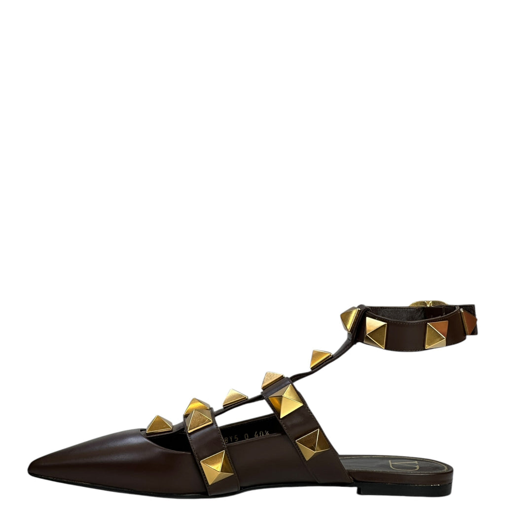 Valentino Garavani Roman Stud Ankle Strap Flats Brown Leather Size EU 40.5