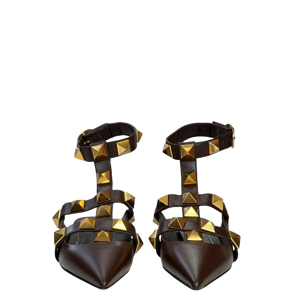 Valentino Garavani Roman Stud Ankle Strap Flats Brown Leather Size EU 40.5