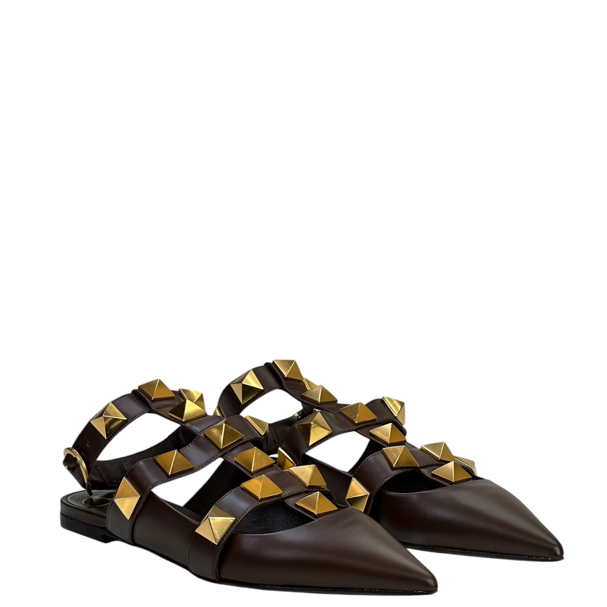 Valentino Garavani Roman Stud Ankle Strap Flats Brown Leather Size EU 40.5