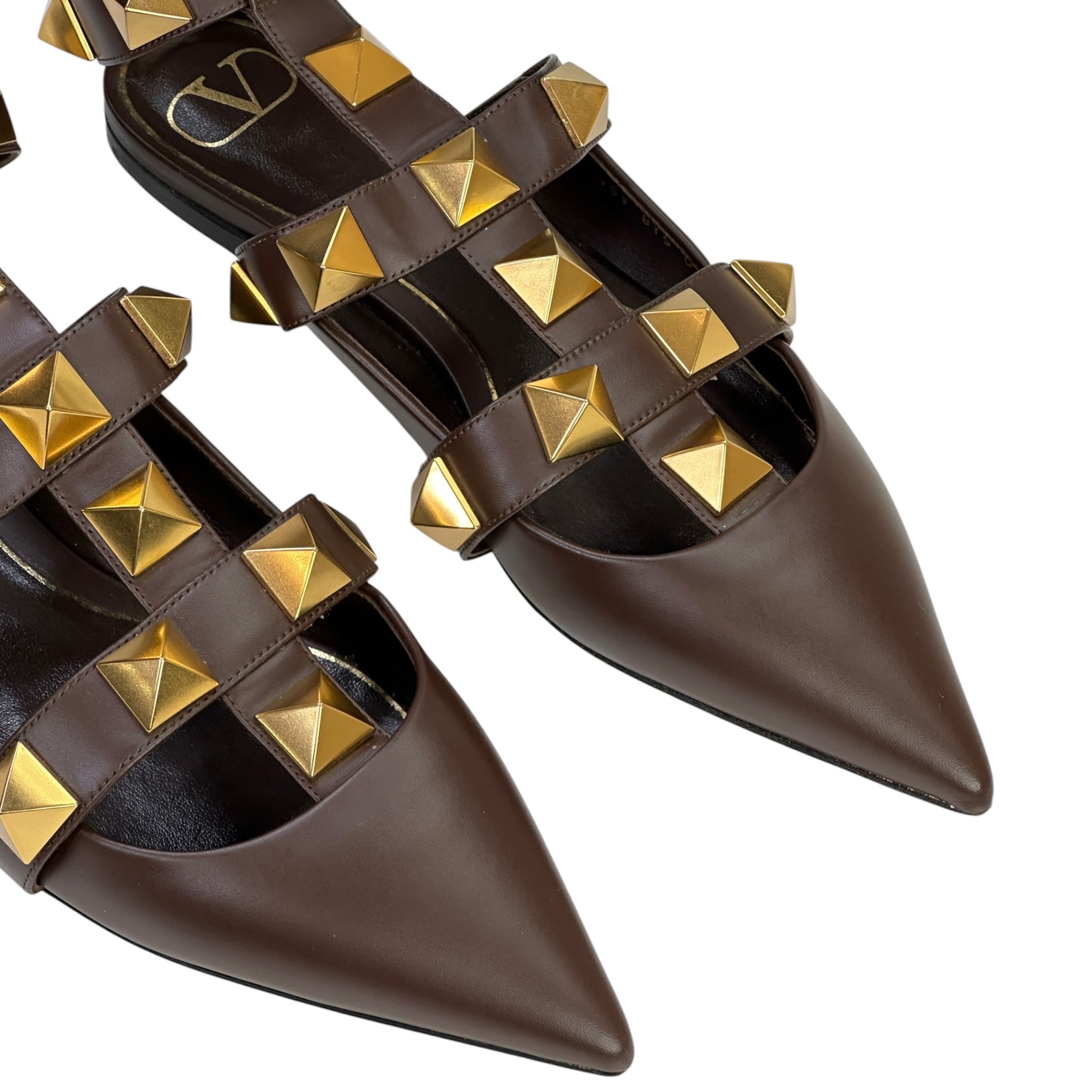 Valentino Garavani Roman Stud Ankle Strap Flats Brown Leather Size EU 40.5