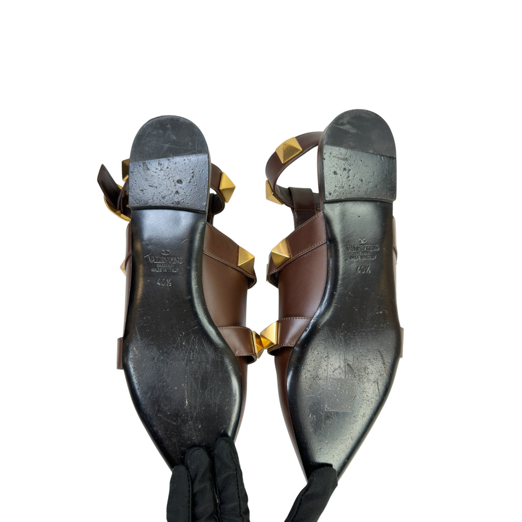Valentino Garavani Roman Stud Ankle Strap Flats Brown Leather Size EU 40.5