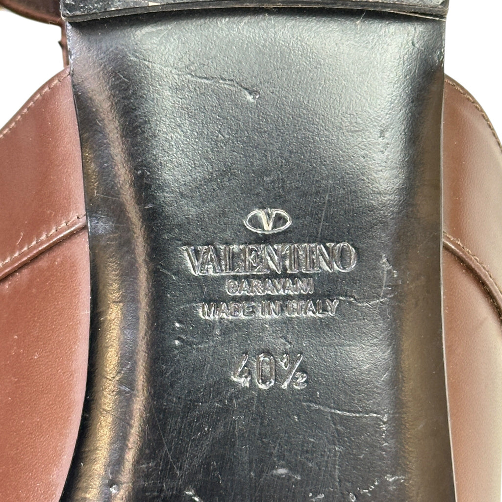 Valentino Garavani Roman Stud Ankle Strap Flats Brown Leather Size EU 40.5