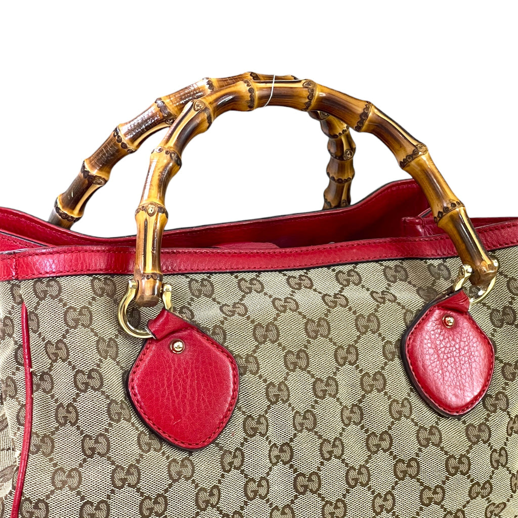 Gucci Diana Bamboo Tote GG Canvas Red Leather