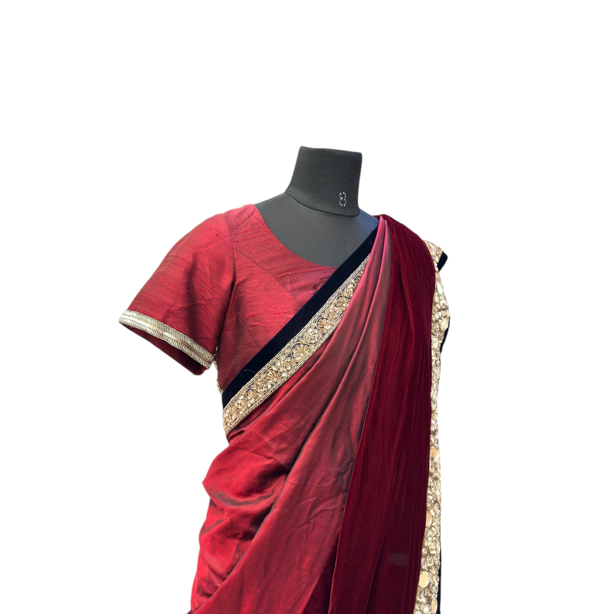 Manish Malhotra Maroon Velvet Saree Set Mirror Embroidery Size M-L