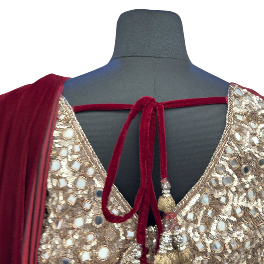Manish Malhotra Maroon Velvet Saree Set Mirror Embroidery Size M-L