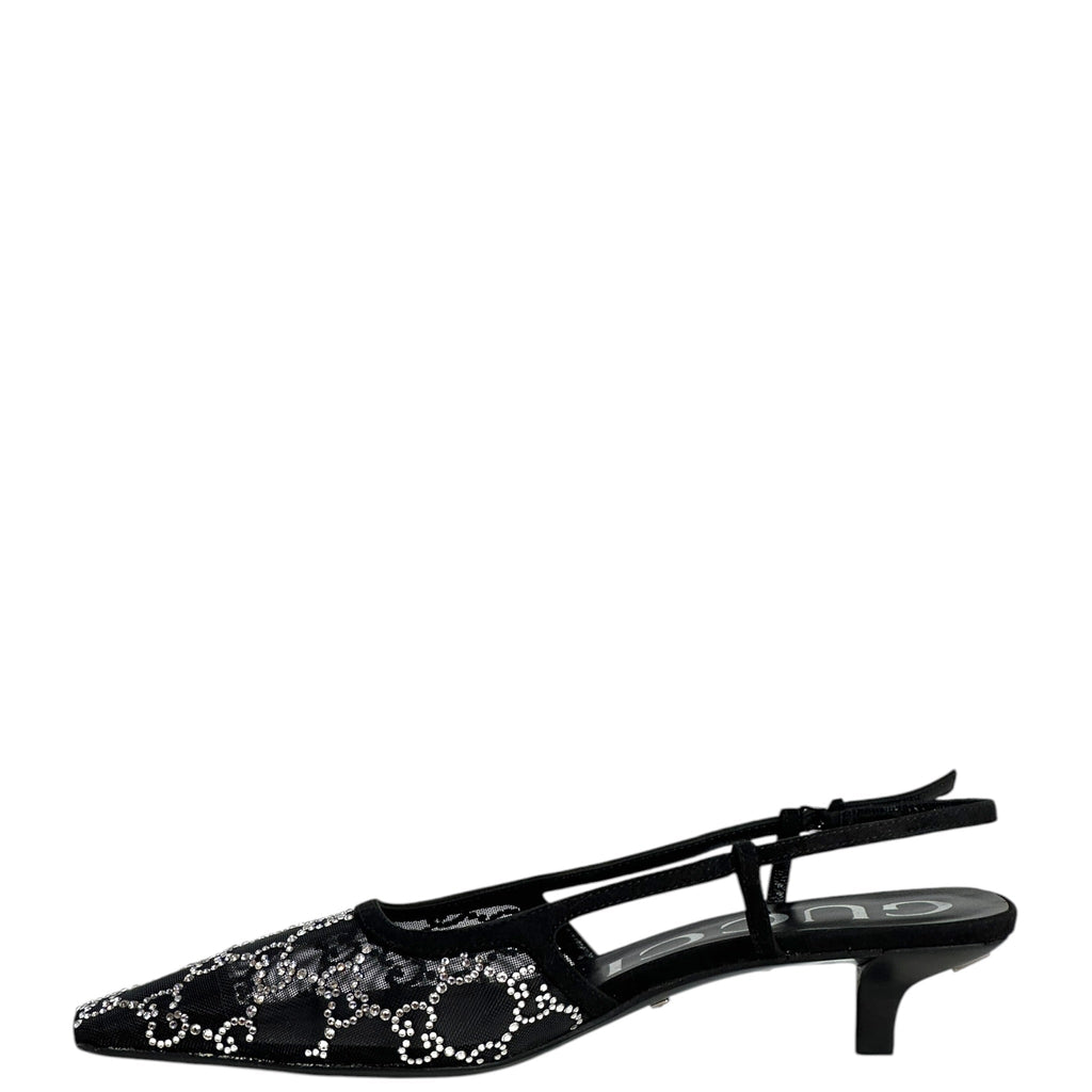 Gucci GG Crystal Slingback Pumps Black Mesh Size 37