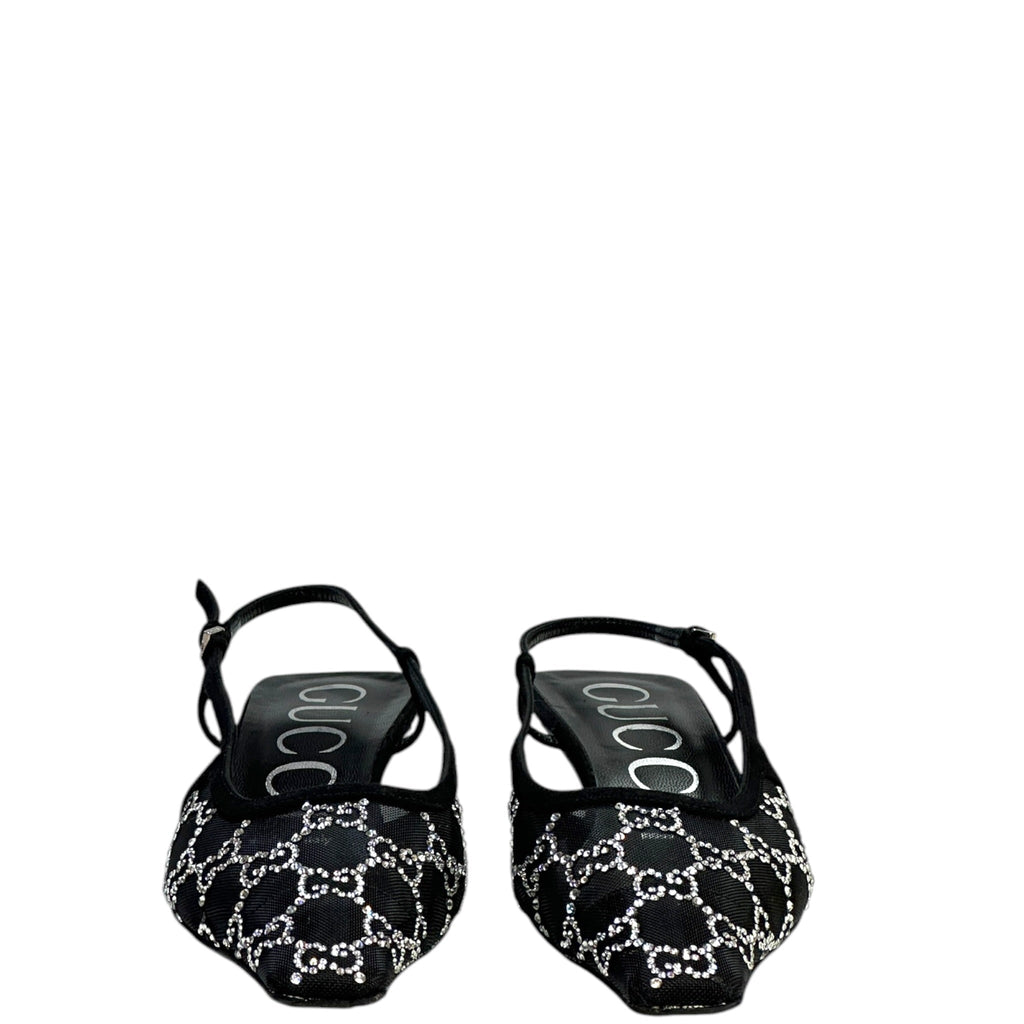 Gucci GG Crystal Slingback Pumps Black Mesh Size 37