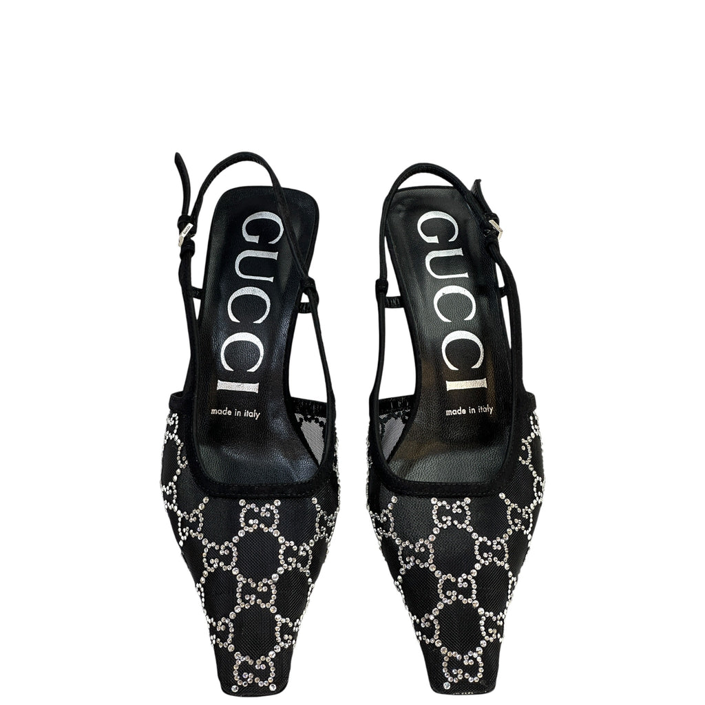 Gucci GG Crystal Slingback Pumps Black Mesh Size 37