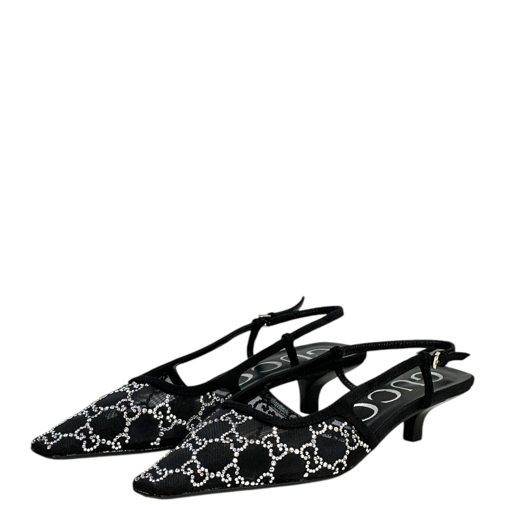 Gucci GG Crystal Slingback Pumps Black Mesh Size 37