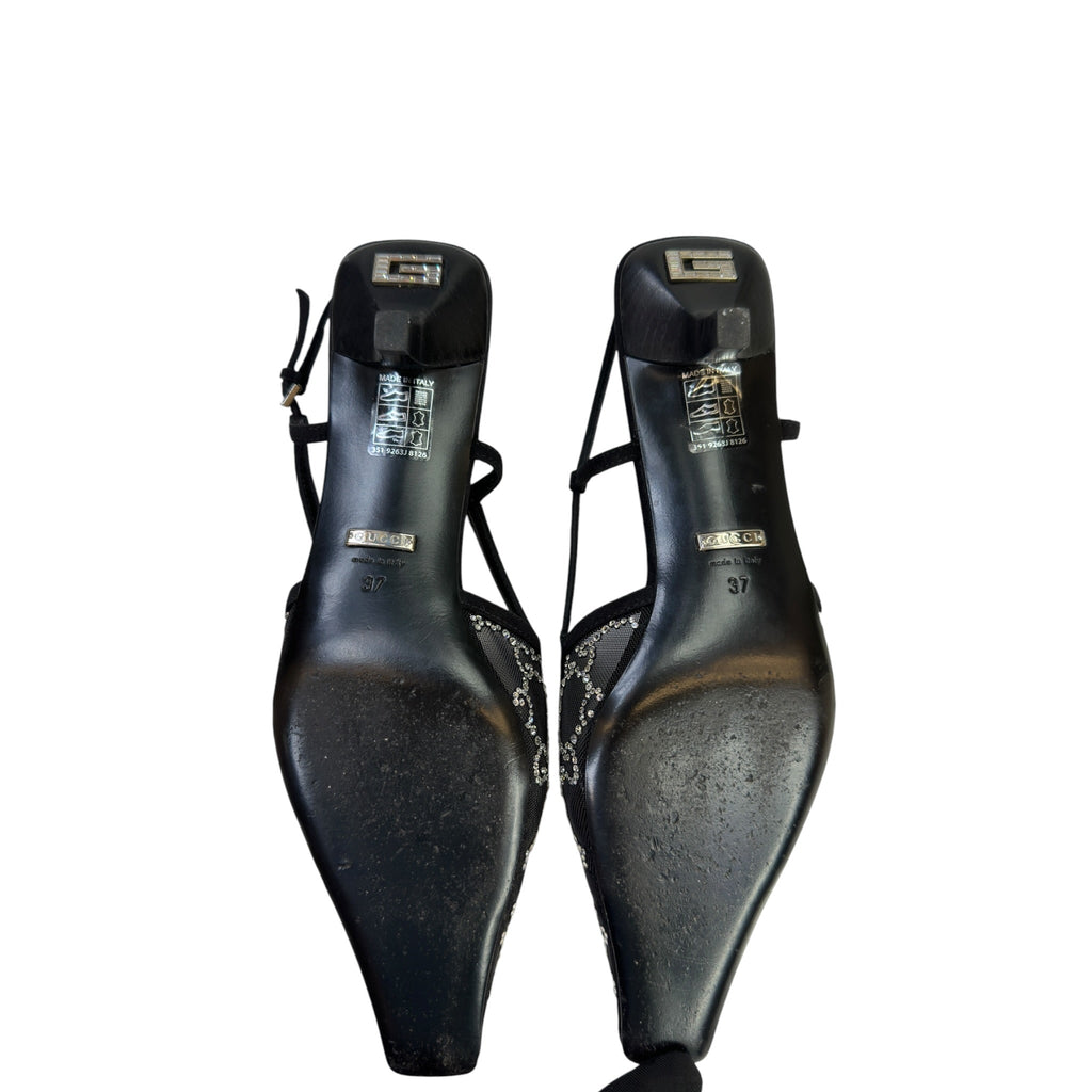Gucci GG Crystal Slingback Pumps Black Mesh Size 37
