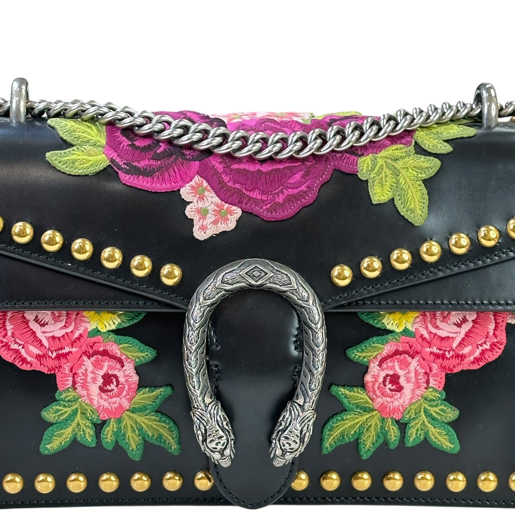 Gucci Dionysus Shoulder Bag Black Leather Studded Floral Embroidery