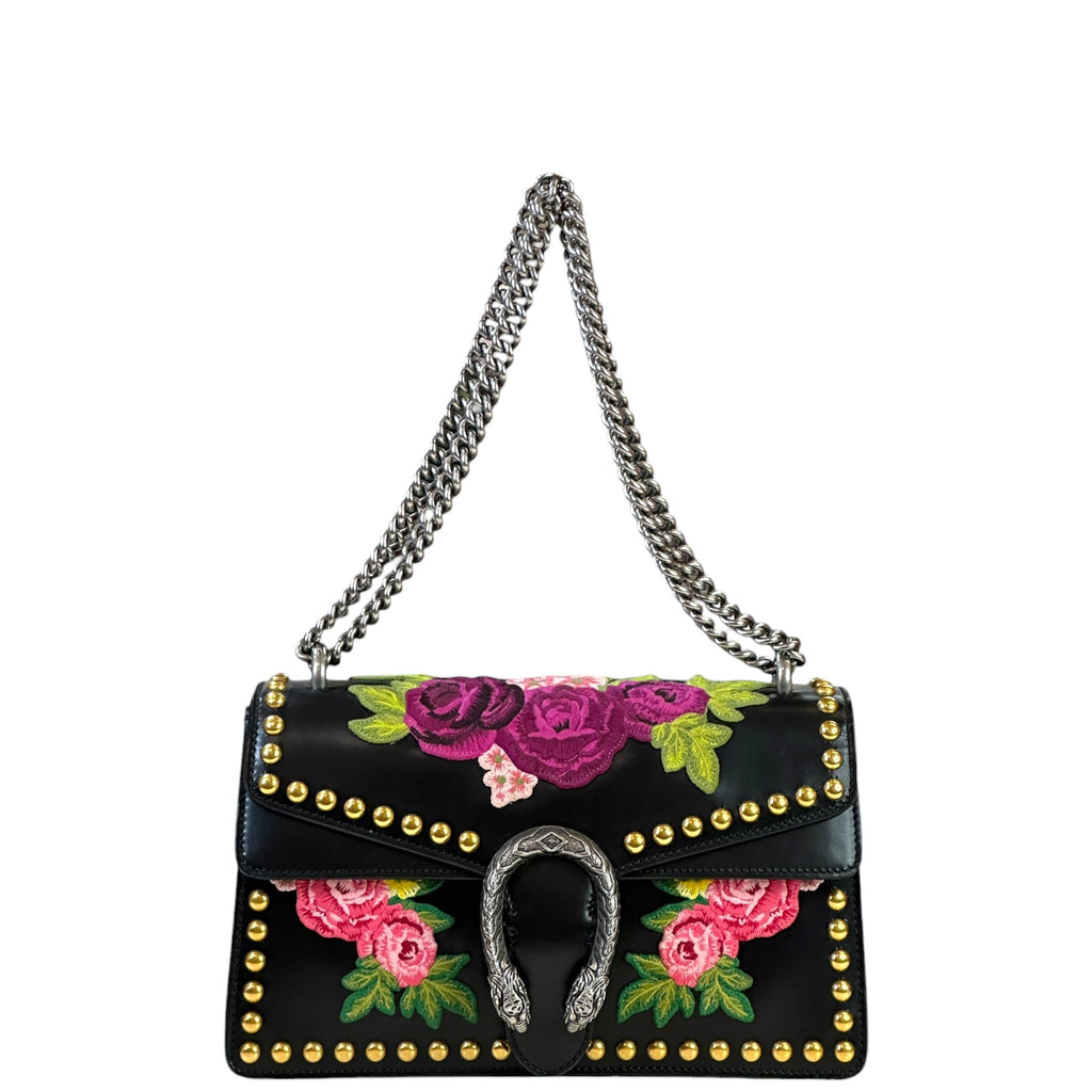 Gucci Dionysus Shoulder Bag Black Leather Studded Floral Embroidery