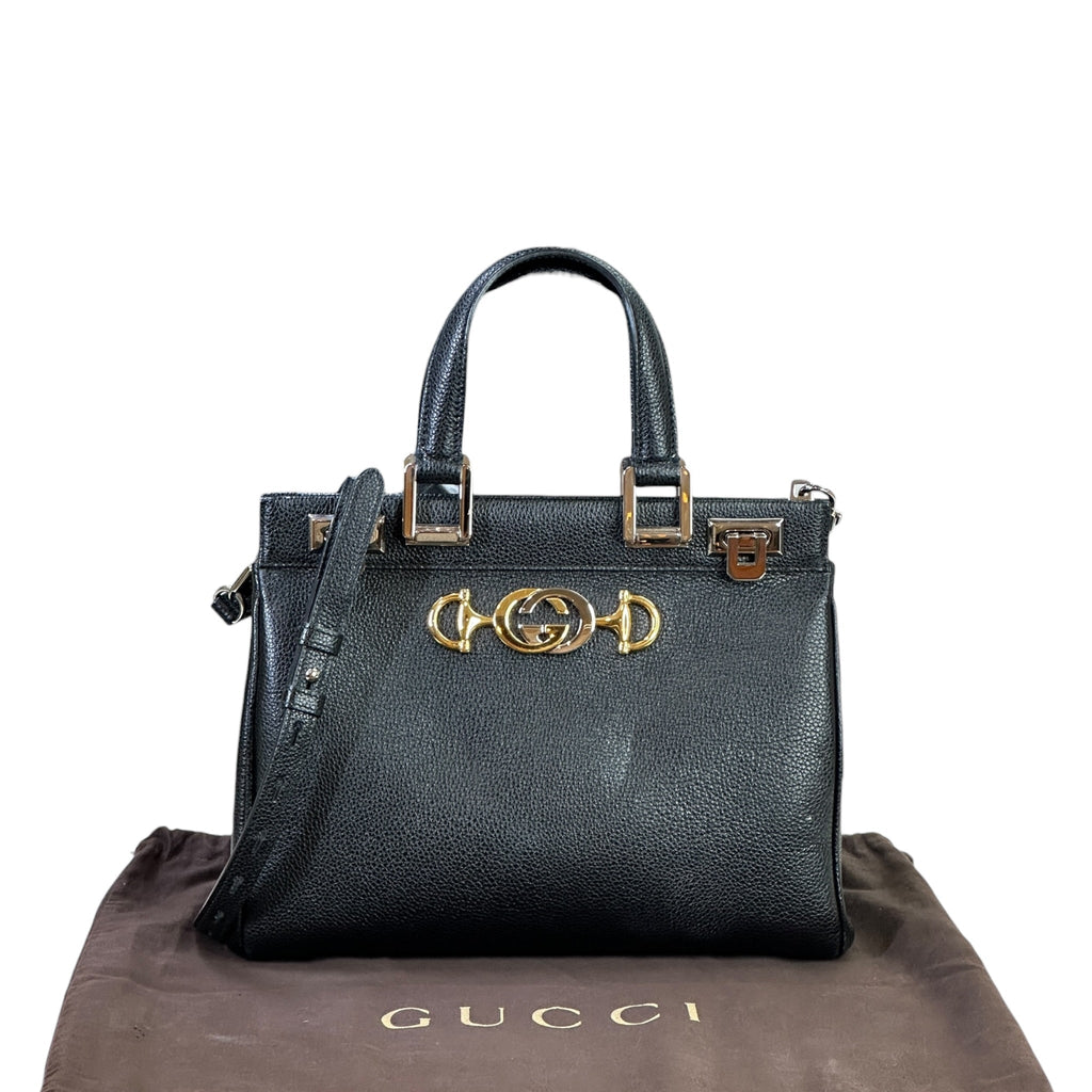 Gucci Zumi Top Handle Bag Small Black Grainy Leather