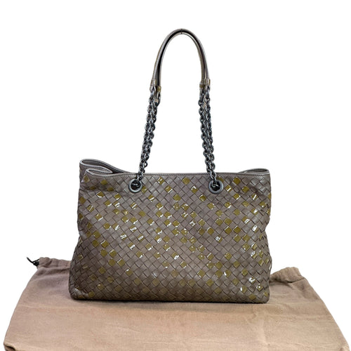 Bottega Veneta Chain Tote Grey Intrecciato Nappa Patent Leather