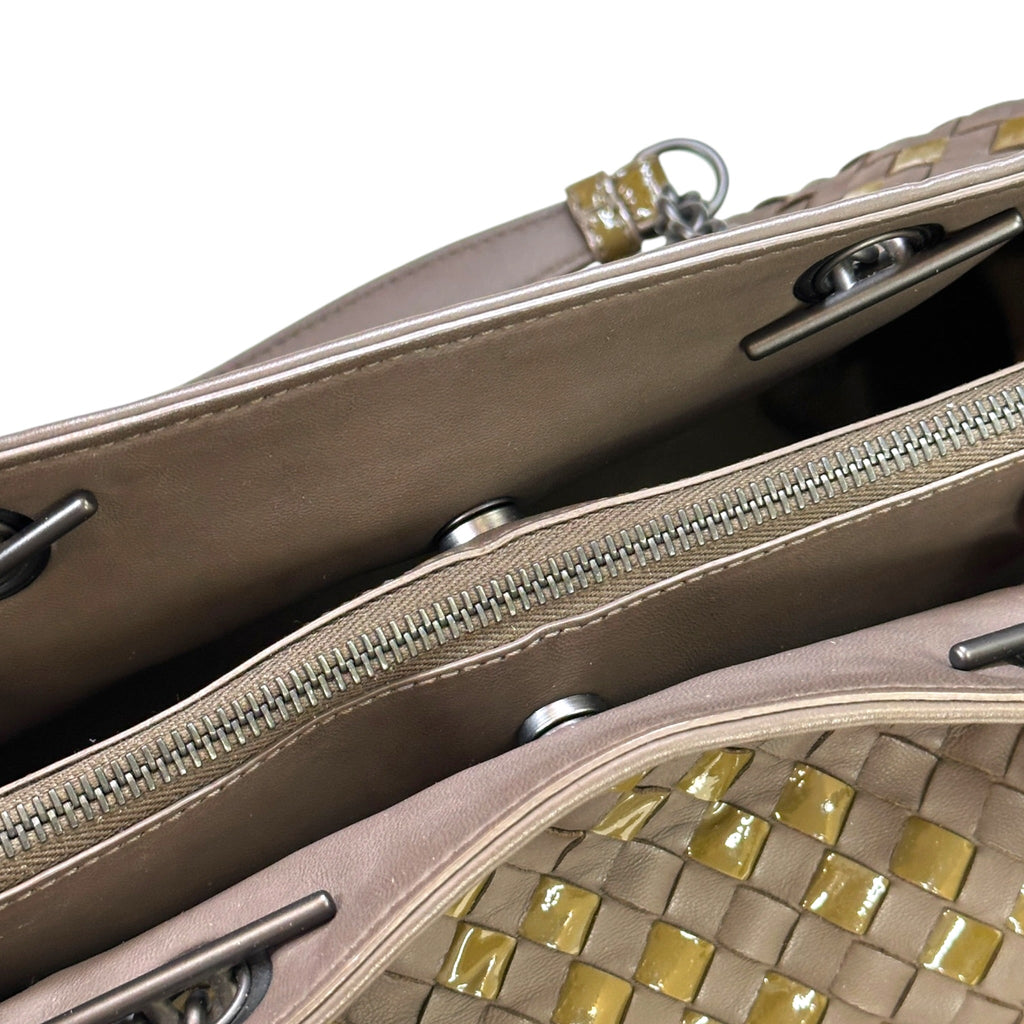 Bottega Veneta Chain Tote Grey Intrecciato Nappa Patent Leather