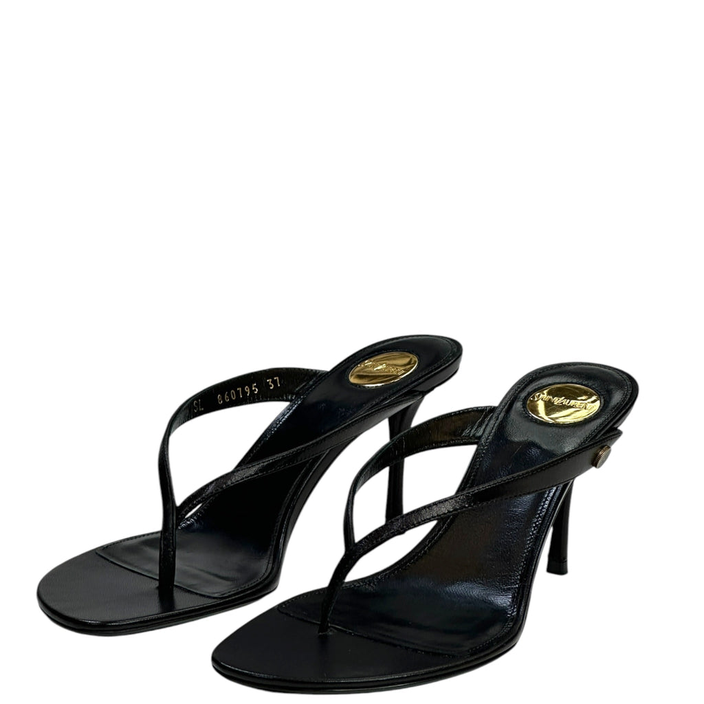 Saint Laurent Sue Thong Mule Sandals Black Leather Size EU 37