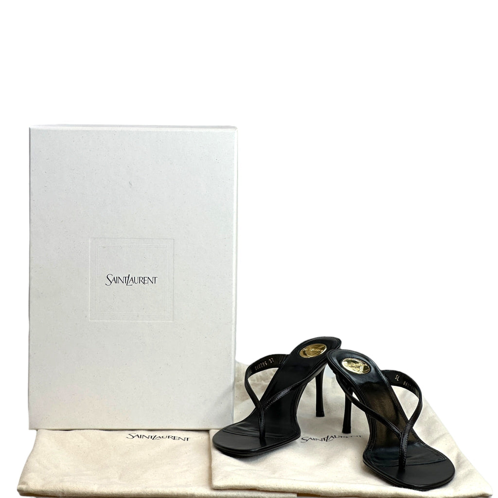 Saint Laurent Sue Thong Mule Sandals Black Leather Size EU 37
