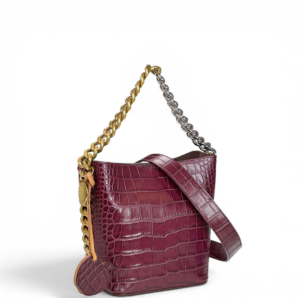 Stella McCartney Frayme Bucket Bag Burgundy Croc-Effect Embossed