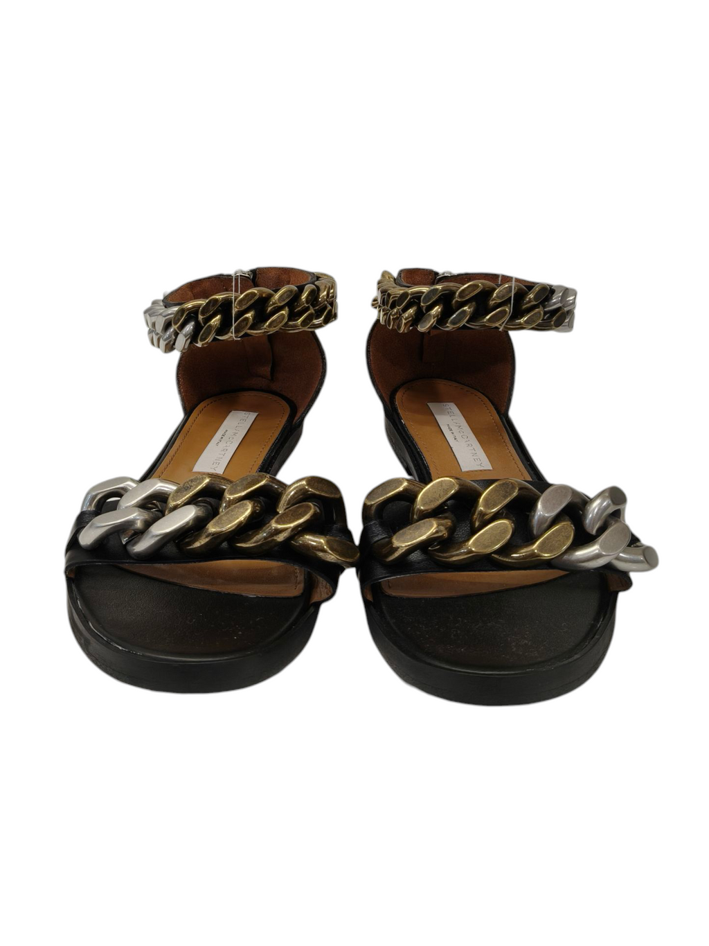 Stella McCartney Faux Leather Chain Black Link Ankle Strap Flat Sandals EU 38