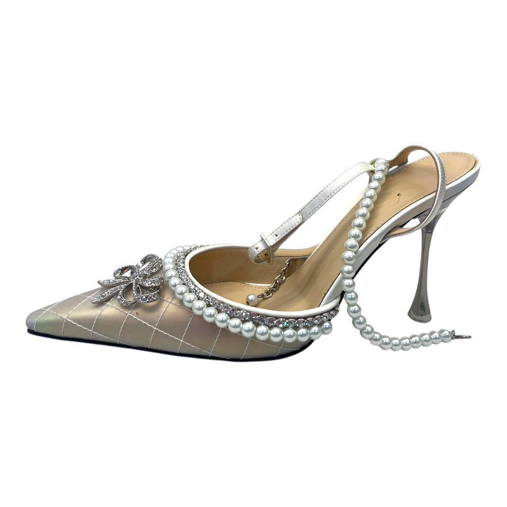 Mach & Mach Bow of Elizabeth Imitation Pearl Iridescent Pointed Toe Pump EU 39