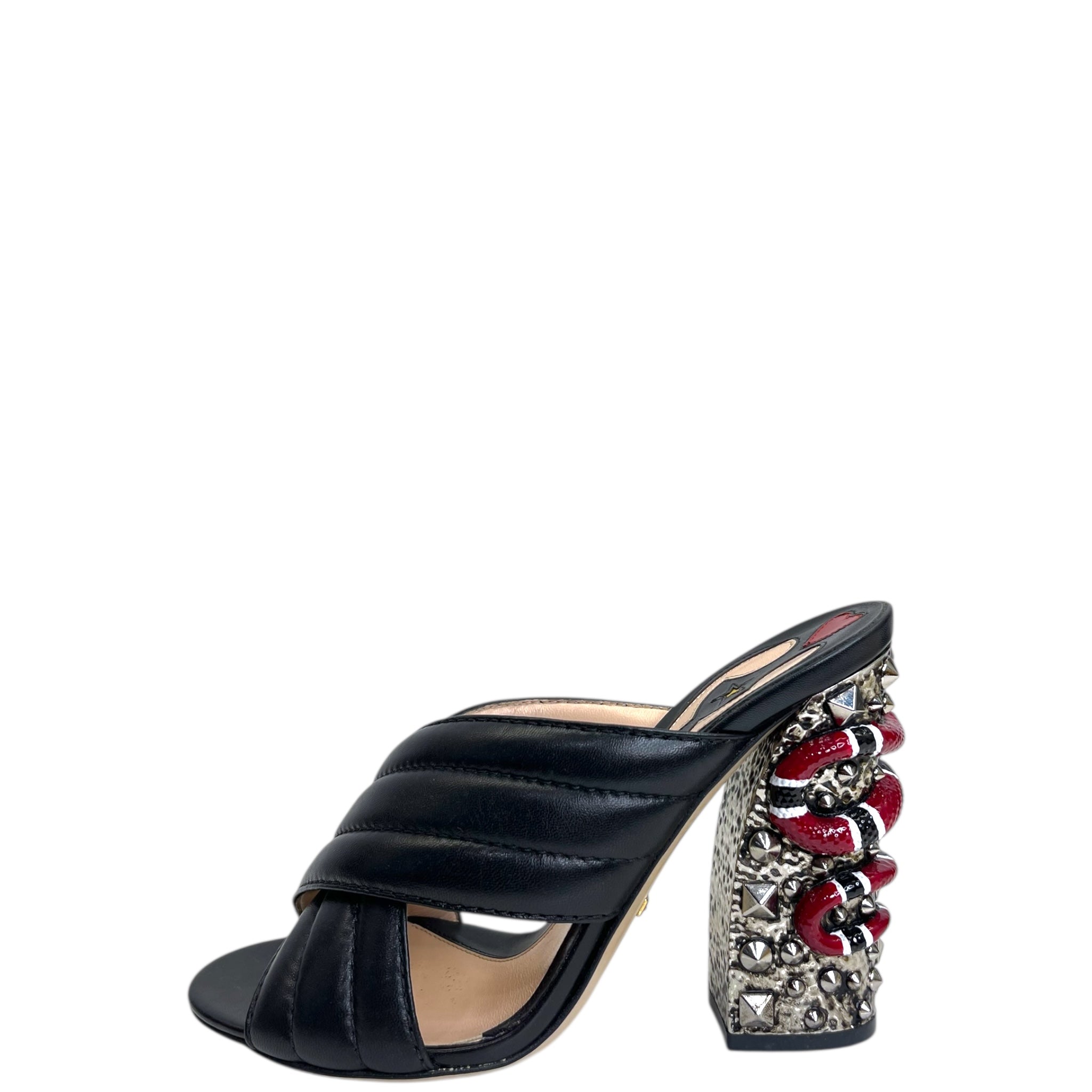 Gucci Webby Slide Sandal Black Quilted Leather Snake Embellished EU 38
